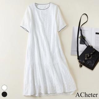 【ACheter】韓版簡約高工藝圓領提花剪花圓領短袖連身裙中長版洋裝#116822(2色)