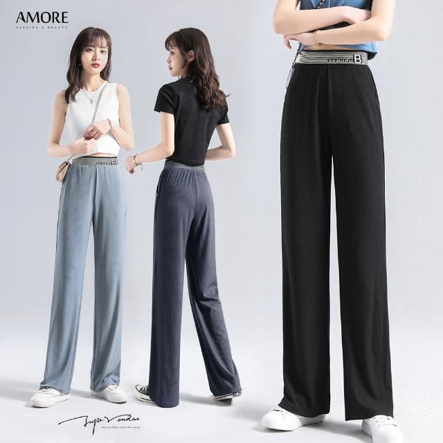 【Amore】日韓夏日高腰字母冰絲寬褲(穿起來超舒適又高)