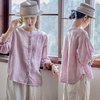 【設計所在】獨家高端限量系列 法國雙色色織亞麻花瓣袖襯衫上衣 S230145(S-L可選)