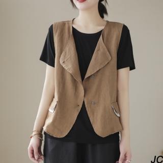 【JC Collection】棉麻柔軟舒適純色圓領單排扣休閒背心外套(米色、綠色、淺咖啡色)