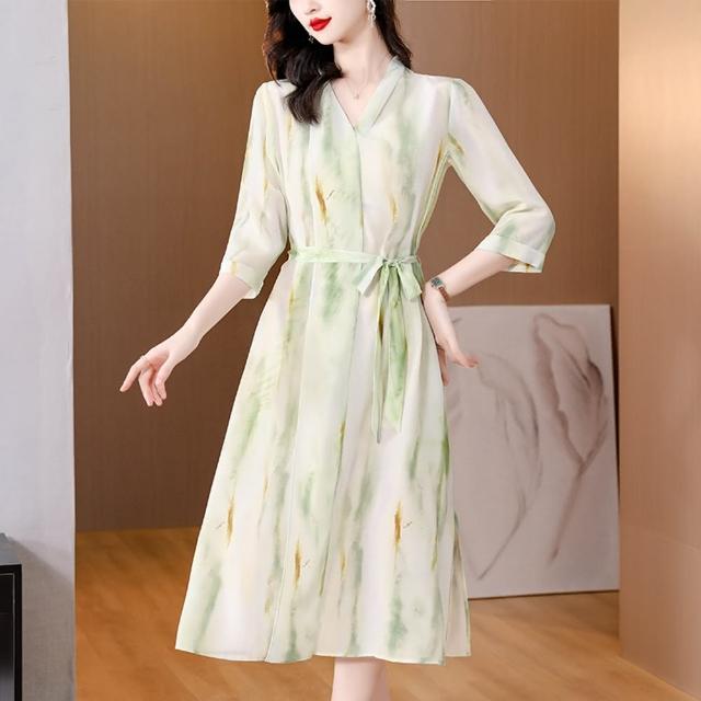 【REKO】玩美衣櫃輕熟雪紡洋裝優雅V領淺綠渲染連身裙L-2XL