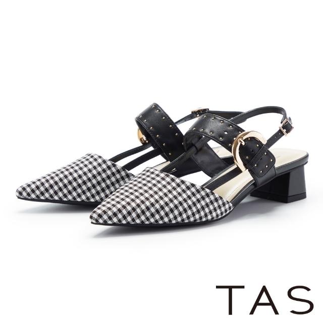 【TAS】金釦鉚釘真皮尖頭中跟鞋(黑色)