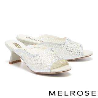 【MELROSE】華麗精美水鑽金屬布高跟拖鞋(白)