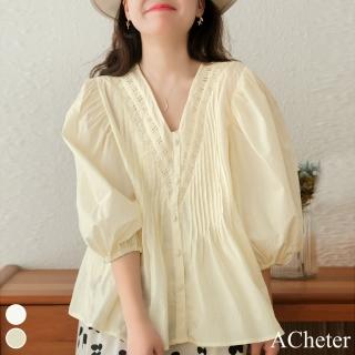 【ACheter】棉風琴V領燈籠七分袖蕾絲拼接寬鬆純色襯衫短版上衣#116863(2色)
