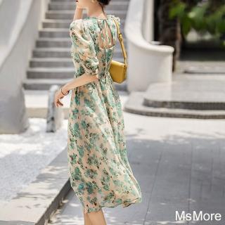 【MsMore】輕盈有夏日氛圍青綠圓領五分泡泡短袖連身裙長版洋裝#116836(綠色)