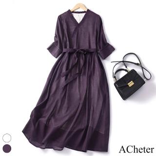 【ACheter】V木耳領連身裙大碼春夏顯瘦棉麻復古短袖長版洋裝#116916(2色)