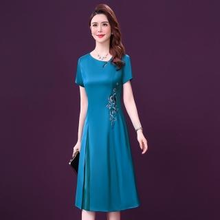 【理子時尚】玩美衣櫃藍色緞面禮服素色刺繡熟齡旗袍洋裝L-5XL