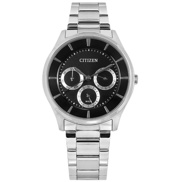【CITIZEN 星辰】簡約三眼 薄型 星期日期 礦石強化玻璃 不鏽鋼手錶 黑色 39mm(AG8350-54E)