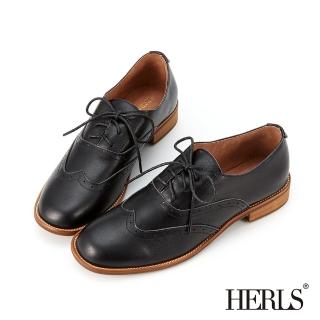 【HERLS】牛津鞋-全真皮翼紋沖孔圓頭低跟牛津鞋(黑色)