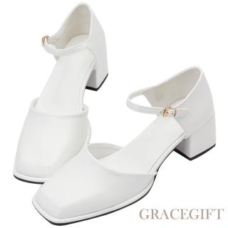 【Grace Gift】簡約方頭繫帶中跟鞋(白)