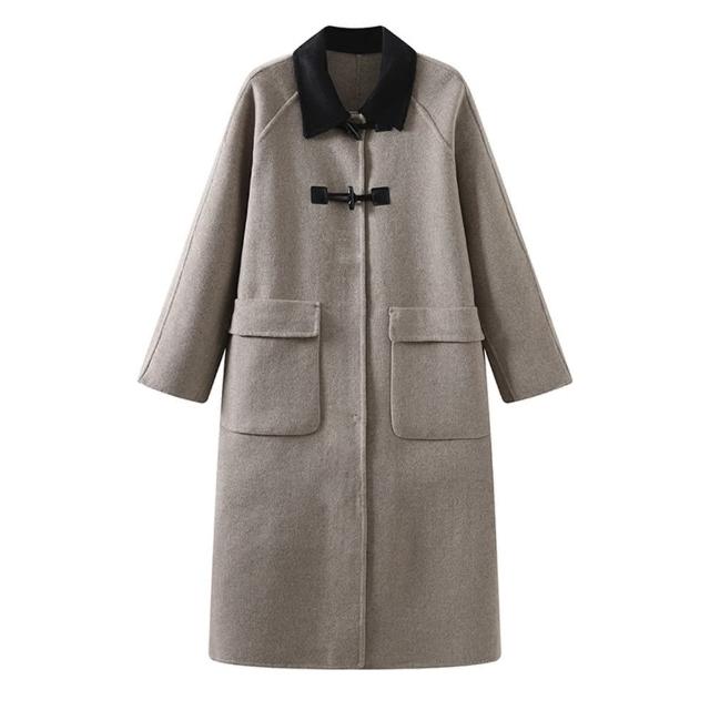 【巴黎精品】毛呢大衣羊毛外套(長版拼色領寬鬆口袋女外套3色v1al6)