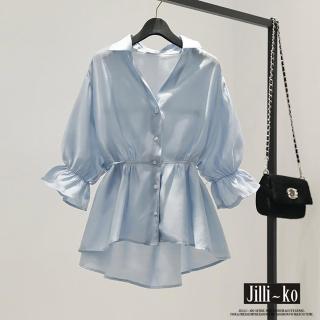 【JILLI-KO】氣質雪紡荷葉邊繫帶束腰娃娃襯衫-F(淺藍)