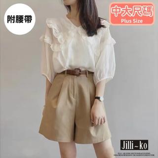 【JILLI-KO】訂製款高腰顯瘦直筒工裝休閒短褲-附腰帶-M/L/XL/2XL(黑/白/卡)