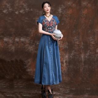 【米蘭精品】牛仔洋裝丹寧連身裙(夏季刺繡V領短袖女裙子74ec1)