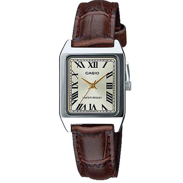 【CASIO 卡西歐】經典時尚方形銀框皮革腕錶-羅馬數字黃面(LTP-V007L-9B)