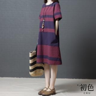 【初色】清涼感涼爽透氣棉麻風圓領寬鬆條紋口袋設計連身連衣裙洋裝-紅色-67673(M-2XL可選)