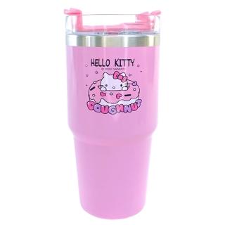 【小禮堂】HELLO KITTY 不鏽鋼飲料杯附吸管 600ml - 粉甜甜圈款(平輸品) 凱蒂貓