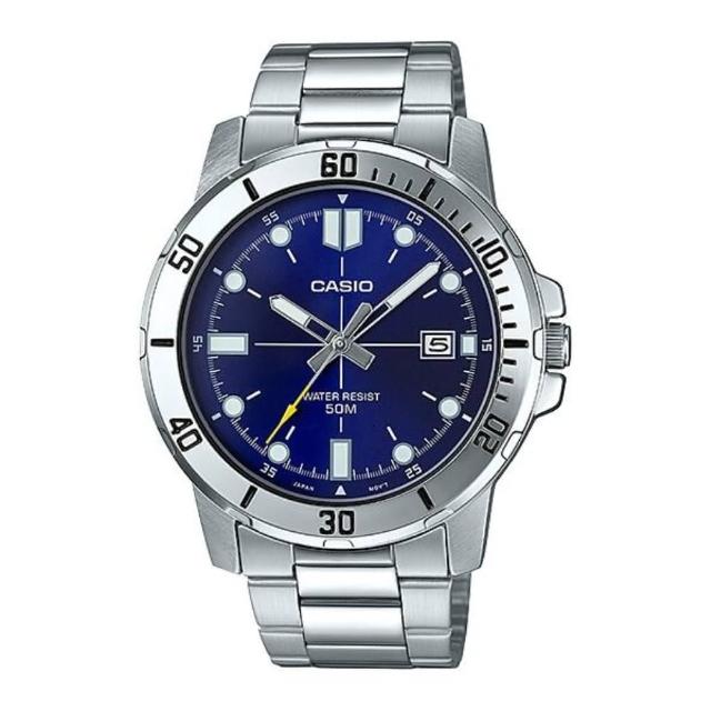 【CASIO 卡西歐】超清晰防水50米日期顯示不鏽鋼指針錶-藍面丁時刻(MTP-VD01D-2E)
