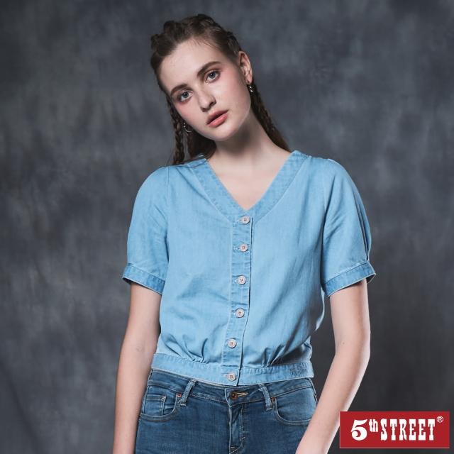 【5th STREET】女裝性感V領造型牛仔襯衫-漂淺藍