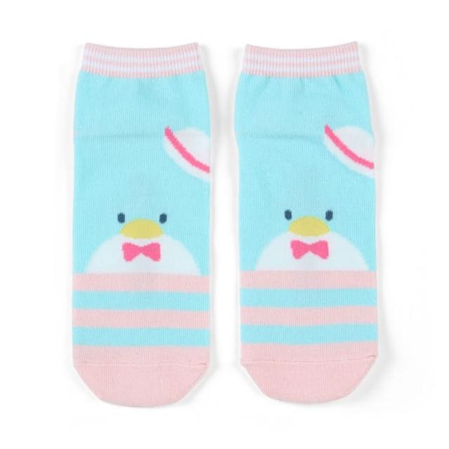 【小禮堂】山姆企鵝 成人棉質短襪 23-25cm - 粉藍大臉橫紋款(平輸品)