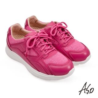 【A.S.O 阿瘦集團】機能休閒 萬步健康氣墊鞋 牛皮拼接透氣網-女款(桃紅色)