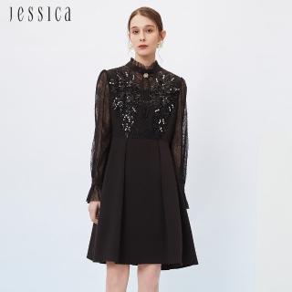 【JESSICA】甜美珠片花卉蕾絲拼接雪紡透膚長袖洋裝233Z74（黑）