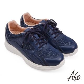 【A.S.O 阿瘦集團】機能休閒 萬步健康氣墊鞋 牛皮拼接透氣網-女款(深藍色)