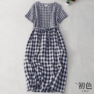 【初色】清涼感涼爽透氣格紋棉麻風短袖連衣裙洋裝-格紋-67718(M-2XL可選)