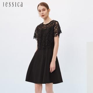 【JESSICA】氣質優雅花卉蕾絲拼接雪紡短袖洋裝233177（黑）
