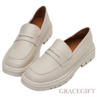 【Grace Gift】圓頭便仕2way低跟樂福鞋(米白)