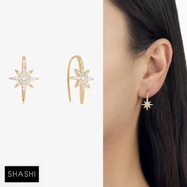 【SHASHI】紐約品牌 Celeste 鑲鑽北極星C形耳環 金色星星耳環(星星)