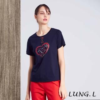 【LUNG.L 林佳樺】LM25A藍色圓領心型膠印短袖純棉T恤(女裝 棉質)