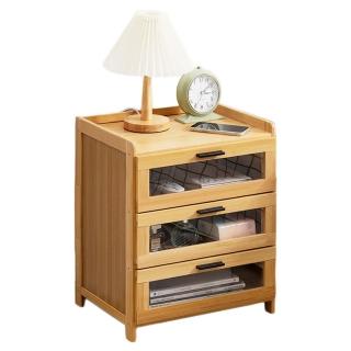 【picknew】復古原木色三層透明抽屜款床頭櫃(床頭櫃 抽屜櫃 小木櫃 儲物櫃 小書櫃)