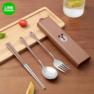 【LINE FRIENDS】熊大莎莉便攜筷子湯匙叉子不鏽鋼環保餐具三件組(附收納盒)