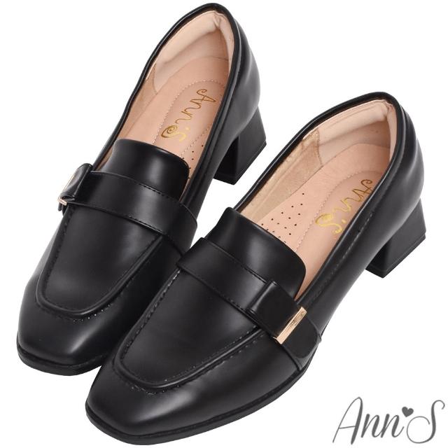 【Ann’S】金屬感性面-側邊小金條方頭粗跟樂福鞋4cm-版型偏小(黑)
