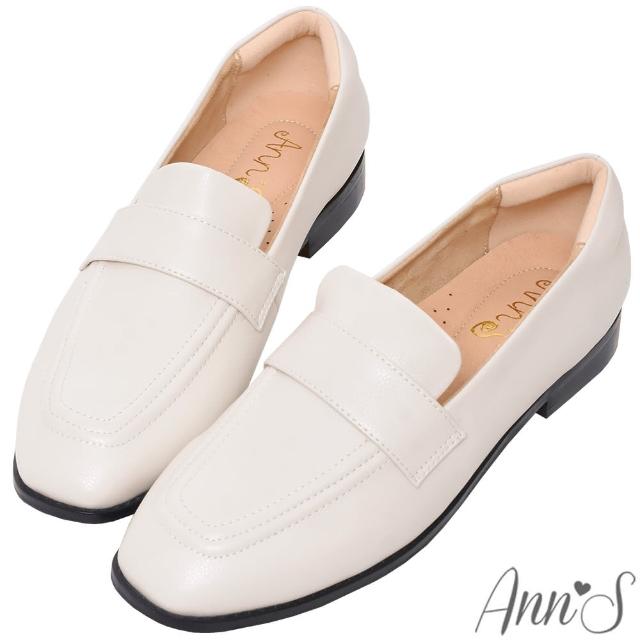 【Ann’S】好清潔荔枝紋皮革-素面小方頭平底樂福鞋-版型偏小(米白)