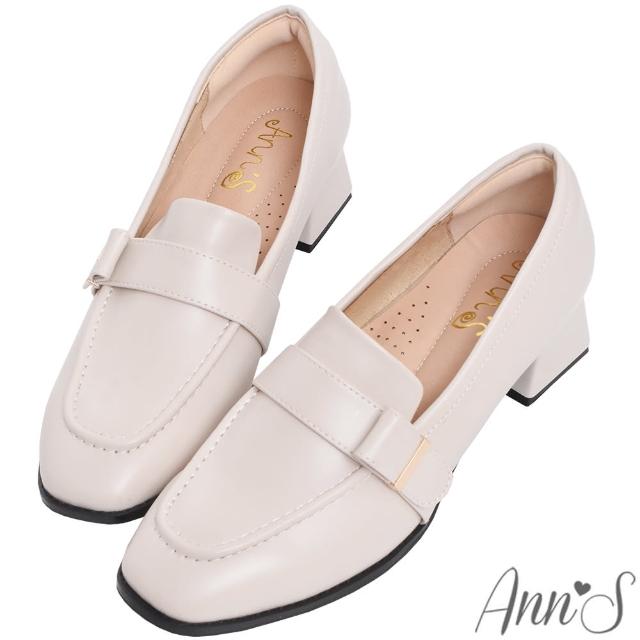 【Ann’S】金屬感性面-側邊小金條方頭粗跟樂福鞋4cm-版型偏小(米白)