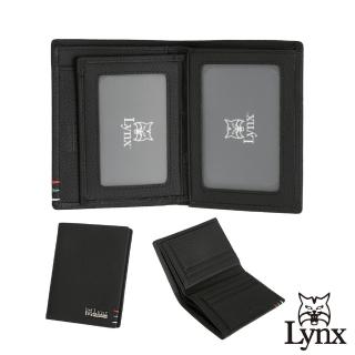 【Lynx】美國山貓自然紋進口牛皮直立短夾皮夾錢包 5卡/透明窗(黑色)