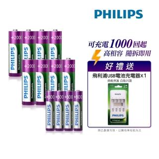 【Philips 飛利浦】低自放鎳氫充電電池3號4入x2+4號4入(贈USB 4槽智慧型充電器)