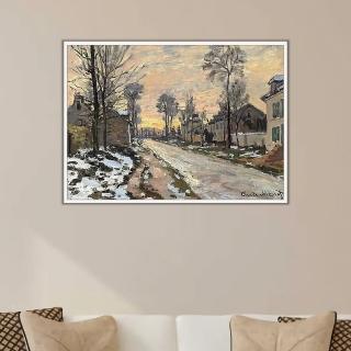 《夕陽下的融雪景致》莫內Monet．印象派畫家 世界名畫 經典名畫 風景油畫-白框60x80CM