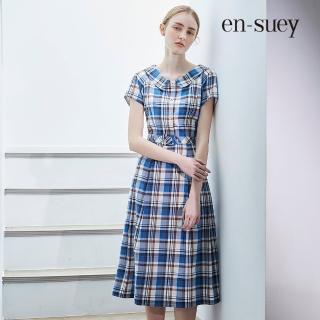【en-suey 銀穗】船型領格紋連身洋裝-女