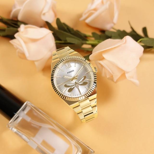 【FOSSIL】Scarlette 獨特晶鑽 蜻蜓 復古典雅 日本機芯 不鏽鋼手錶 銀白色x鍍金 38mm(ES5262)