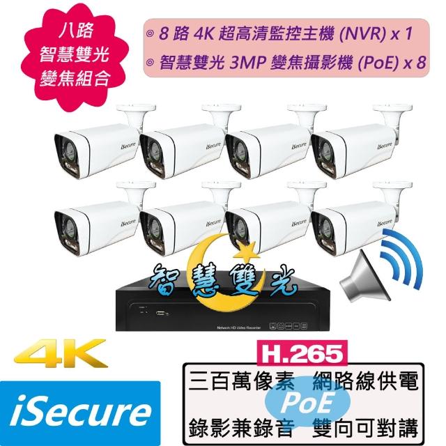 【iSecure】八路智慧雙光變焦監視器組合:一部八路 4K 超高清監控主機+八部智慧雙光 3MP 變焦管型攝影機
