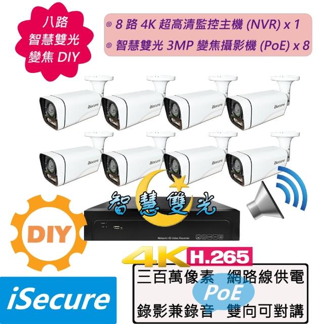 【iSecure】八路智慧雙光變焦DIY監視器組合:一部八路4K超高清監控主機+八部智慧雙光3MP變焦管型攝影機