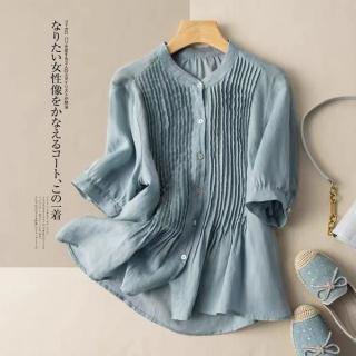【JILLI-KO】慢生活-文藝復古娃娃領褶☆設計寬鬆棉麻襯衫-F(藍/紫)
