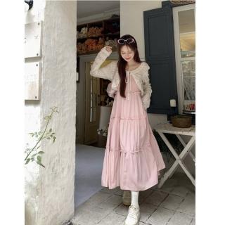 【Dorri】玩美衣櫃粉色細肩帶長洋裝平口連身裙-F