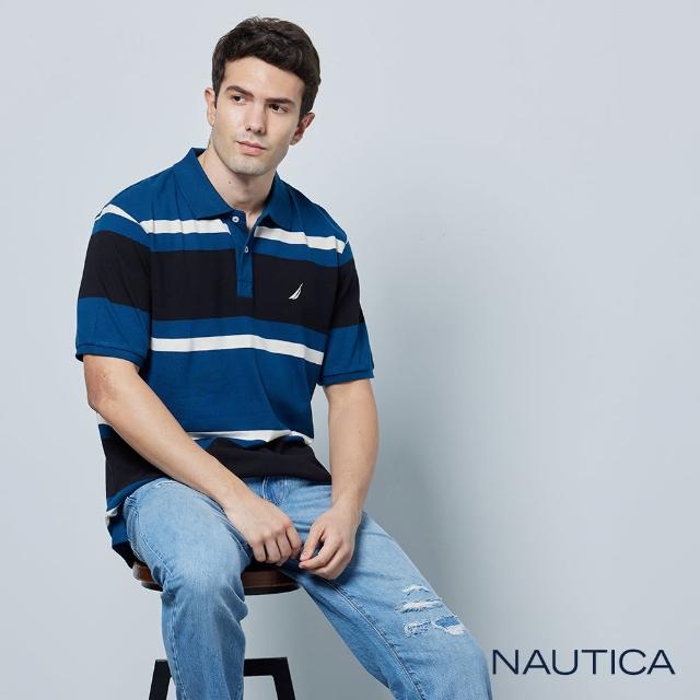 【NAUTICA】男裝 跳色條紋短袖POLO衫(深藍色)