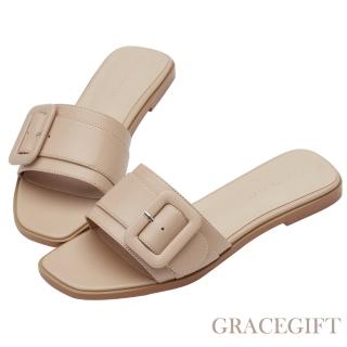 【Grace Gift】斜切設計撞色方釦平底拖鞋(灰褐)