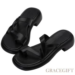 【Grace Gift】不規則交叉套趾中跟拖鞋(黑)