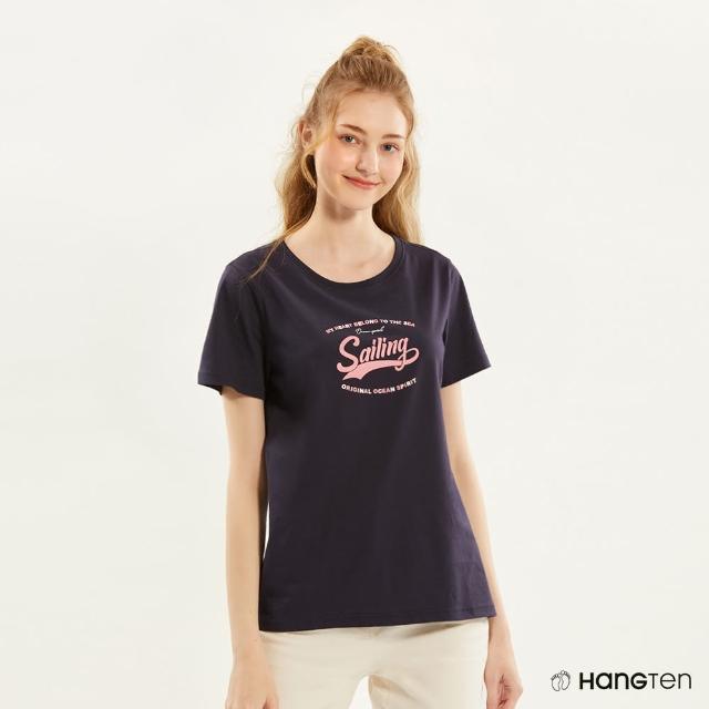 【Hang Ten】女裝-REGULAR FIT純棉航海跳色文字印花短袖T恤(深藍)